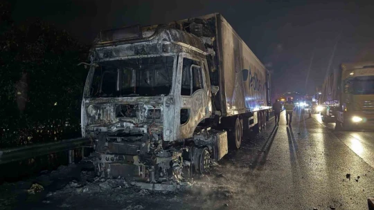 Alev alev yanan muz yüklü tırdan geriye demir yığını kaldı
