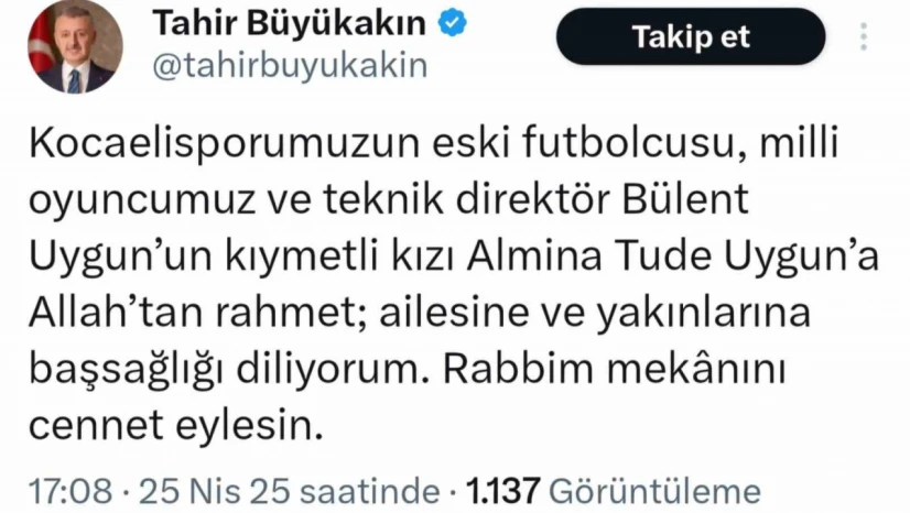 Kocaelispor Kulübü ve Tahir Büyükakın'dan Bülent Uygun'a başsağlığı mesajı